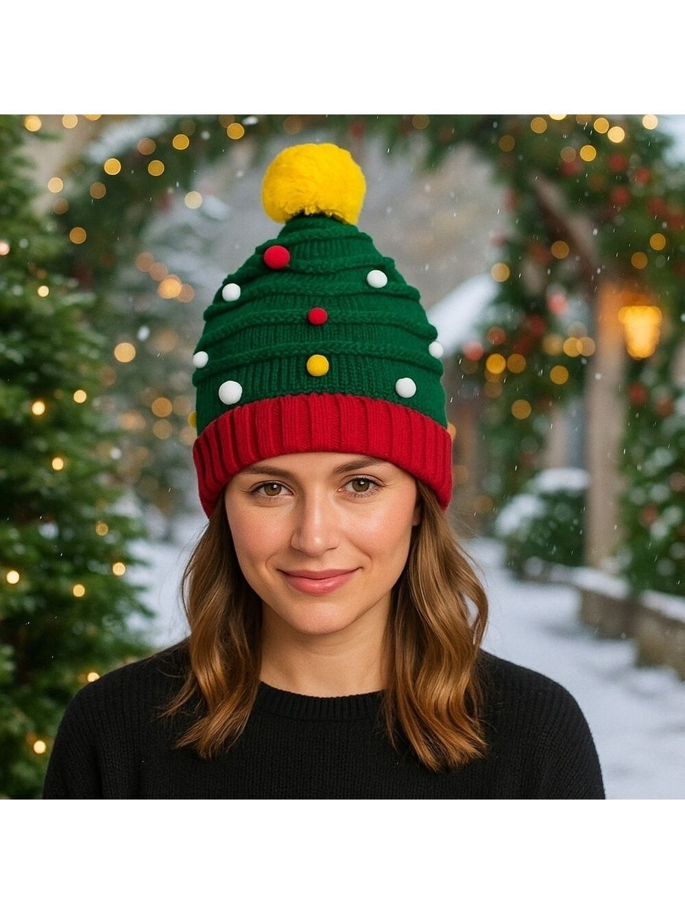Hand Crafted Crochet Beanie Handmade Christmas Tree Yellow Pom Pom